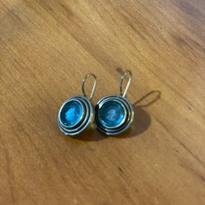 Extasia Intaglio Earrings Blue Glass with Brass Finish, French Hook